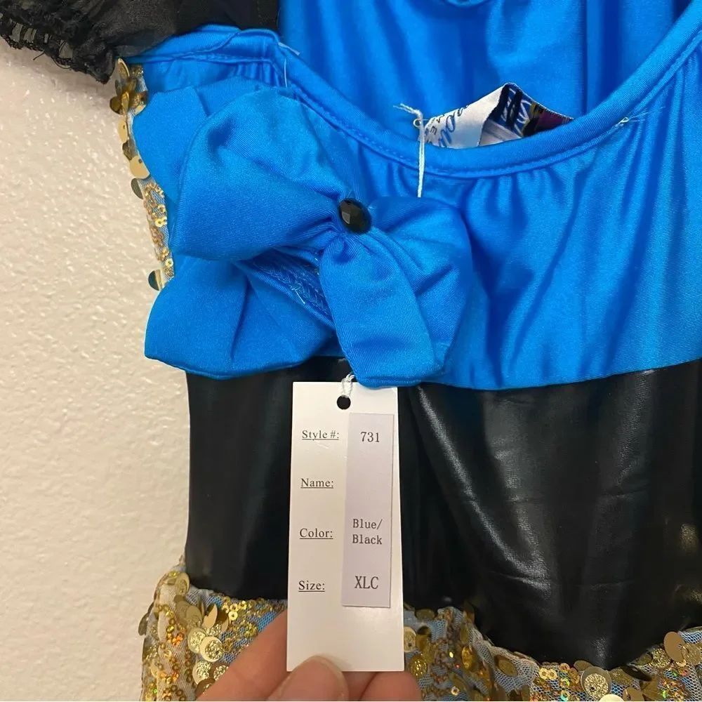 Glamour solo dance costume blue faux leather lace up dress XLC child SA NWT